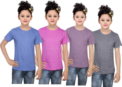 

IndiWeaves Girls Solid Cotton T Shirt(Multicolor, Pack of 4, Black;blue;pink;purple