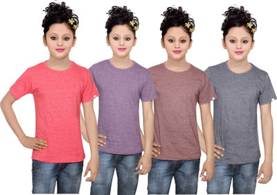 

IndiWeaves Girls Solid Cotton T Shirt(Multicolor, Pack of 4, Black;brown;purple;red