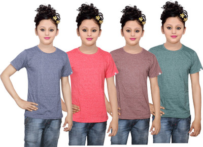 

IndiWeaves Girls Solid Cotton T Shirt(Multicolor, Pack of 4, Blue;brown;green;red
