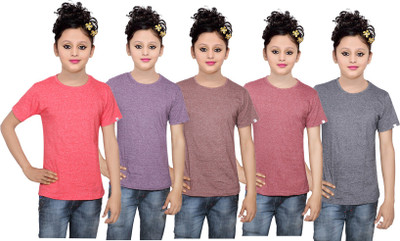

IndiWeaves Girls Solid Cotton T Shirt(Multicolor, Pack of 5, Black;brown;purple;red