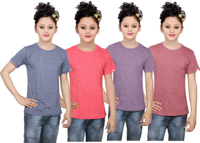 

IndiWeaves Girls Solid Cotton T Shirt(Multicolor, Pack of 4, Blue;brown;purple;red