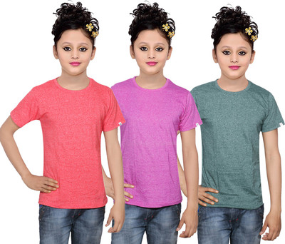 

IndiWeaves Girls Solid Cotton T Shirt(Multicolor, Pack of 3, Green
