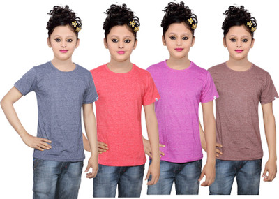 

IndiWeaves Girls Solid Cotton T Shirt(Multicolor, Pack of 4, Blue;brown;pink;red