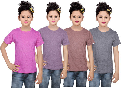 

IndiWeaves Girls Solid Cotton T Shirt(Multicolor, Pack of 4, Black;brown;pink;purple