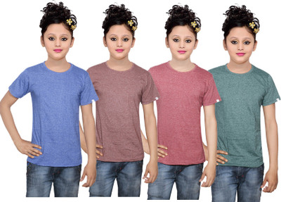 

IndiWeaves Girls Solid Cotton T Shirt(Multicolor, Pack of 4, Blue;brown;green