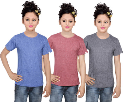 

IndiWeaves Girls Solid Cotton T Shirt(Multicolor, Pack of 3, Grey