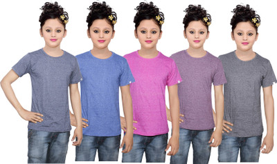 

IndiWeaves Girls Solid Cotton T Shirt(Multicolor, Pack of 5, Black;blue;pink;purple