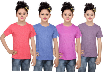 

IndiWeaves Girls Solid Cotton T Shirt(Multicolor, Pack of 4, Blue;pink;purple;red