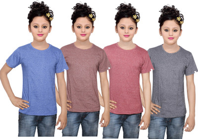 

IndiWeaves Girls Solid Cotton T Shirt(Multicolor, Pack of 4, Black;blue;brown