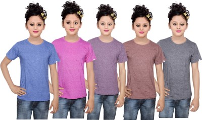 

IndiWeaves Girls Solid Cotton T Shirt(Multicolor, Pack of 5, Black;blue;brown;pink;purple