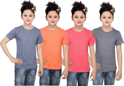 

IndiWeaves Girls Solid Cotton T Shirt(Multicolor, Pack of 4, Black;blue;orange;red