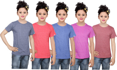 

IndiWeaves Girls Solid Cotton T Shirt(Multicolor, Pack of 5, Blue;brown;pink;red