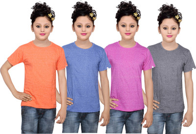 

IndiWeaves Girls Solid Cotton T Shirt(Multicolor, Pack of 4, Black;blue;orange;pink