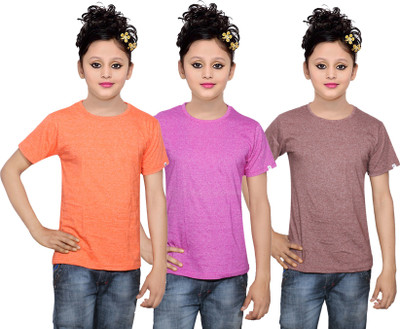

IndiWeaves Girls Solid Cotton T Shirt(Multicolor, Pack of 3, Brown
