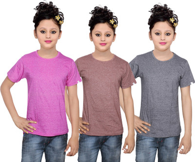 

IndiWeaves Girls Solid Cotton T Shirt(Multicolor, Pack of 3, Grey