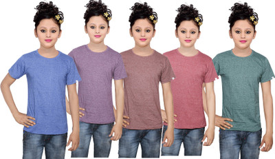 

IndiWeaves Girls Solid Cotton T Shirt(Multicolor, Pack of 5, Blue;brown;green;purple