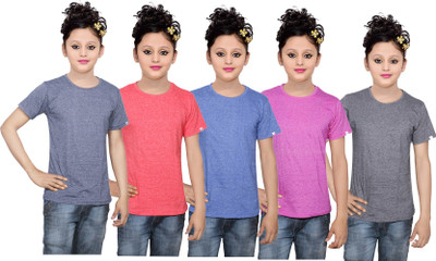 

IndiWeaves Girls Solid Cotton T Shirt(Multicolor, Pack of 5, Black;blue;pink;red