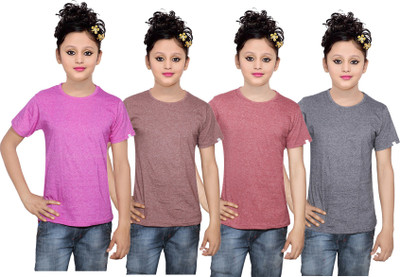 

IndiWeaves Girls Solid Cotton T Shirt(Multicolor, Pack of 4, Black;brown;pink
