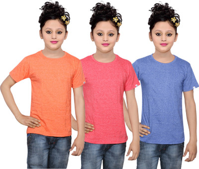 

IndiWeaves Girls Solid Cotton T Shirt(Multicolor, Pack of 3, Blue