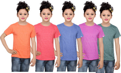 

IndiWeaves Girls Solid Cotton T Shirt(Multicolor, Pack of 5, Blue;green;orange;pink;red