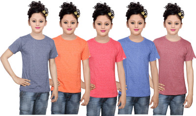 

IndiWeaves Girls Solid Cotton T Shirt(Multicolor, Pack of 5, Blue;brown;orange;red