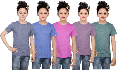 

IndiWeaves Girls Solid Cotton T Shirt(Multicolor, Pack of 5, Blue;green;pink;purple