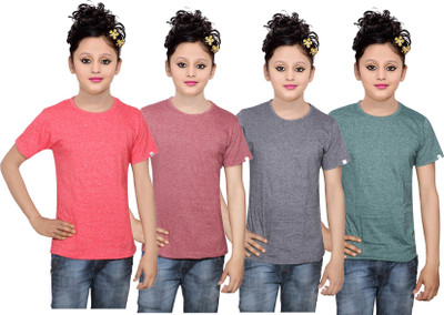 

IndiWeaves Girls Solid Cotton T Shirt(Multicolor, Pack of 4, Black;brown;green;red