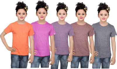 

IndiWeaves Girls Solid Cotton T Shirt(Multicolor, Pack of 5, Black;brown;orange;pink;purple
