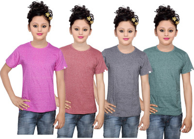 

IndiWeaves Girls Solid Cotton T Shirt(Multicolor, Pack of 4, Black;brown;green;pink