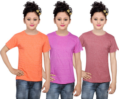 

IndiWeaves Girls Solid Cotton T Shirt(Multicolor, Pack of 3, Brown