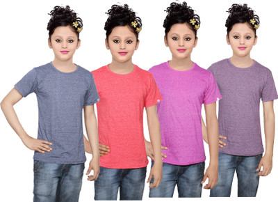

IndiWeaves Girls Solid Cotton T Shirt(Multicolor, Pack of 4, Blue;pink;purple;red