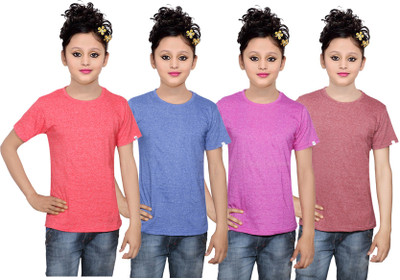 

IndiWeaves Girls Solid Cotton T Shirt(Multicolor, Pack of 4, Blue;brown;pink;red