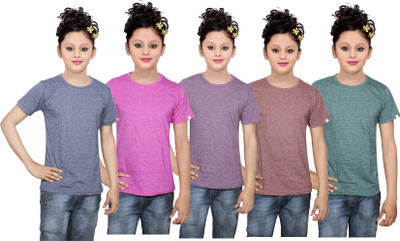 

IndiWeaves Girls Solid Cotton T Shirt(Multicolor, Pack of 5, Blue;brown;green;pink;purple