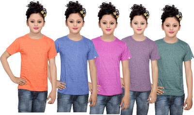 

IndiWeaves Girls Solid Cotton T Shirt(Multicolor, Pack of 5, Blue;green;orange;pink;purple