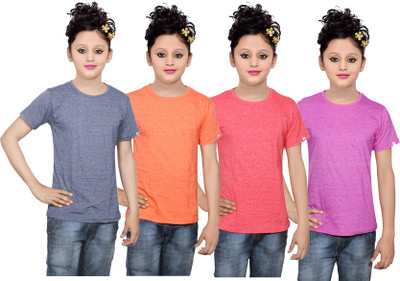 

IndiWeaves Girls Solid Cotton T Shirt(Multicolor, Pack of 4, Blue;orange;pink;red