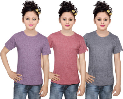 

IndiWeaves Girls Solid Cotton T Shirt(Multicolor, Pack of 3, Grey