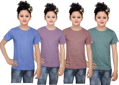 

IndiWeaves Girls Solid Cotton T Shirt(Multicolor, Pack of 4, Blue;brown;green;purple