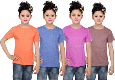 

IndiWeaves Girls Solid Cotton T Shirt(Multicolor, Pack of 4, Blue;brown;orange;pink