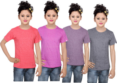

IndiWeaves Girls Solid Cotton T Shirt(Multicolor, Pack of 4, Black;pink;purple;red