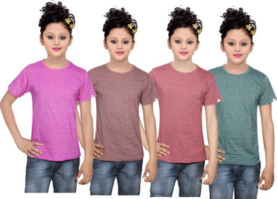 

IndiWeaves Girls Solid Cotton T Shirt(Multicolor, Pack of 4, Brown;green;pink
