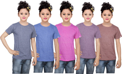 

IndiWeaves Girls Solid Cotton T Shirt(Multicolor, Pack of 5, Blue;brown;pink;purple