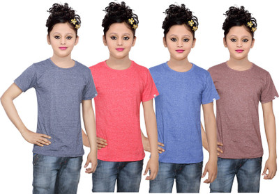 

IndiWeaves Girls Solid Cotton T Shirt(Multicolor, Pack of 4, Blue;brown;red