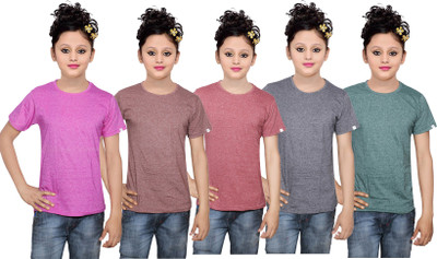 

IndiWeaves Girls Solid Cotton T Shirt(Multicolor, Pack of 5, Black;brown;green;pink