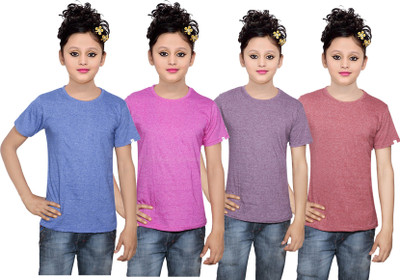 

IndiWeaves Girls Solid Cotton T Shirt(Multicolor, Pack of 4, Blue;brown;pink;purple