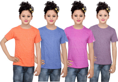 

IndiWeaves Girls Solid Cotton T Shirt(Multicolor, Pack of 4, Blue;orange;pink;purple