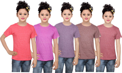 

IndiWeaves Girls Solid Cotton T Shirt(Multicolor, Pack of 5, Brown;pink;purple;red