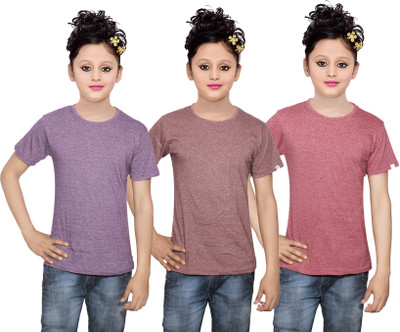 

IndiWeaves Girls Solid Cotton T Shirt(Multicolor, Pack of 3, Brown