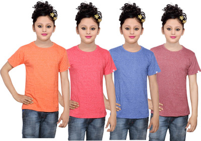 

IndiWeaves Girls Solid Cotton T Shirt(Multicolor, Pack of 4, Blue;brown;orange;red