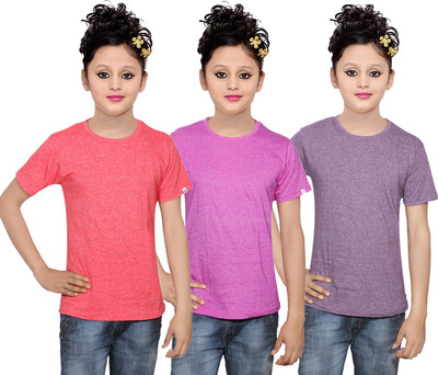 

IndiWeaves Girls Solid Cotton T Shirt(Multicolor, Pack of 3, Purple