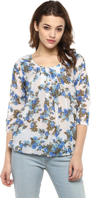 MAYRA Casual 3/4 Sleeve Printed Women White, Blue Top MAYRA Casual 3/4 Sleeve Printed Women White, Blue Top